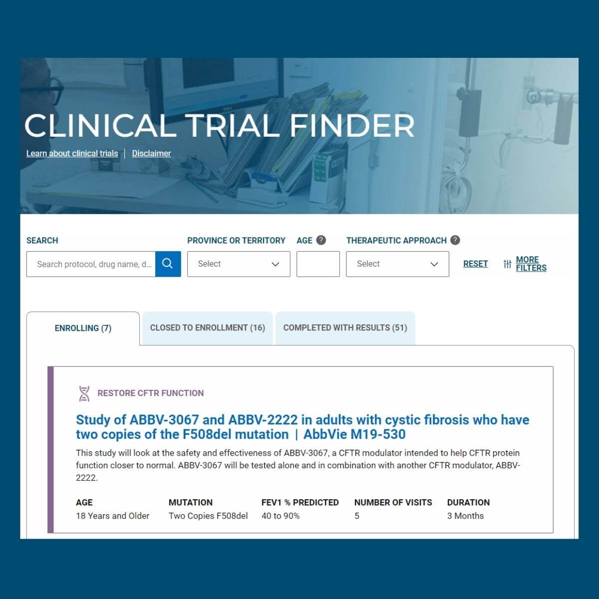 CLINICAL TRIAL FINDER interface